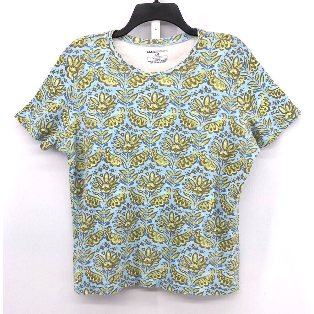Basic Editions Shirt Womens Size L Blue Brown Floral Short Sleeve Pullover Top
